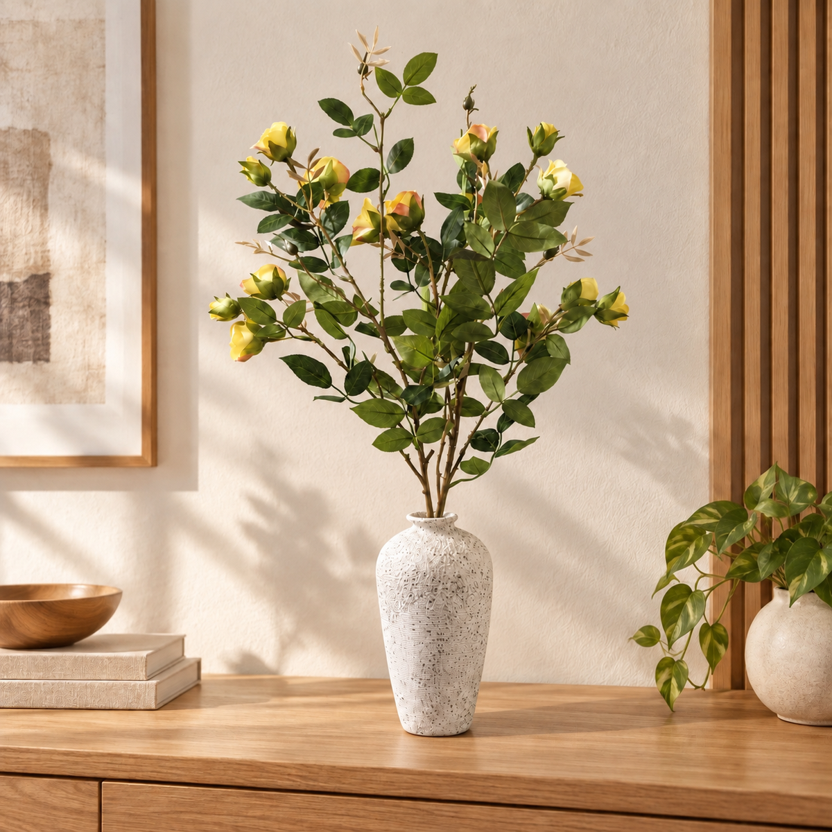 Yellow rose stems in speckled white vase, green leaves and yellow buds