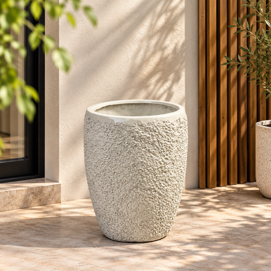 Small fiber flower pot, speckled white ceramic look with round rim and tapered sides