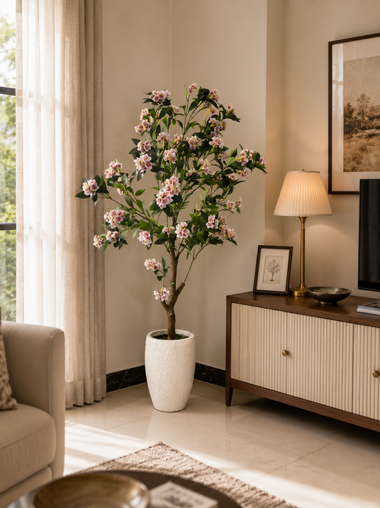 Blossom tree plant with pink and white blossoms in tall textured white pot