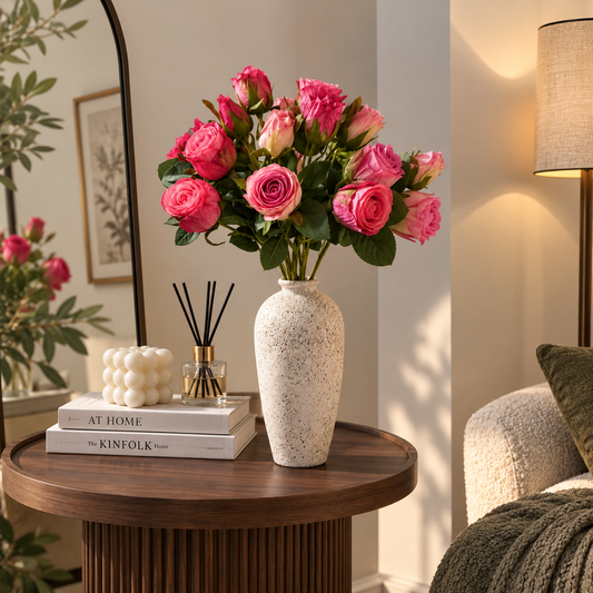 Blush pink rosebud bouquet in textured ceramic vase with green leaves