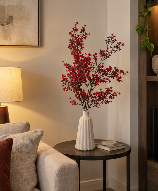 Red blossom stems in white ceramic vase with long branched stems