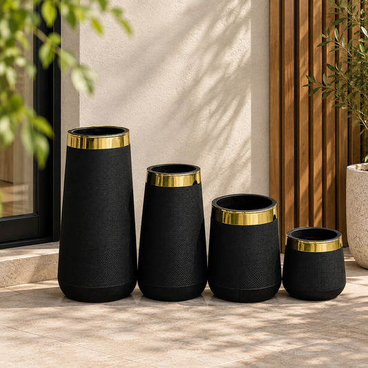 Black fiber cylinder plant pots with gold rims