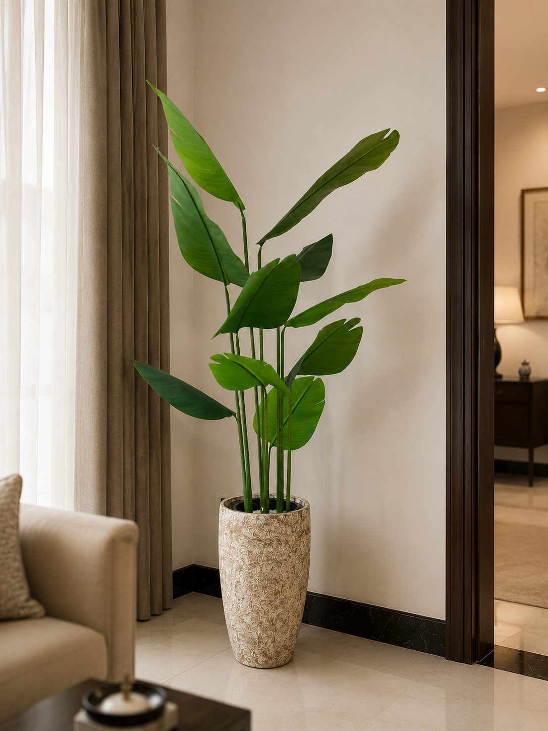 Tall banana palm plant in speckled beige planter