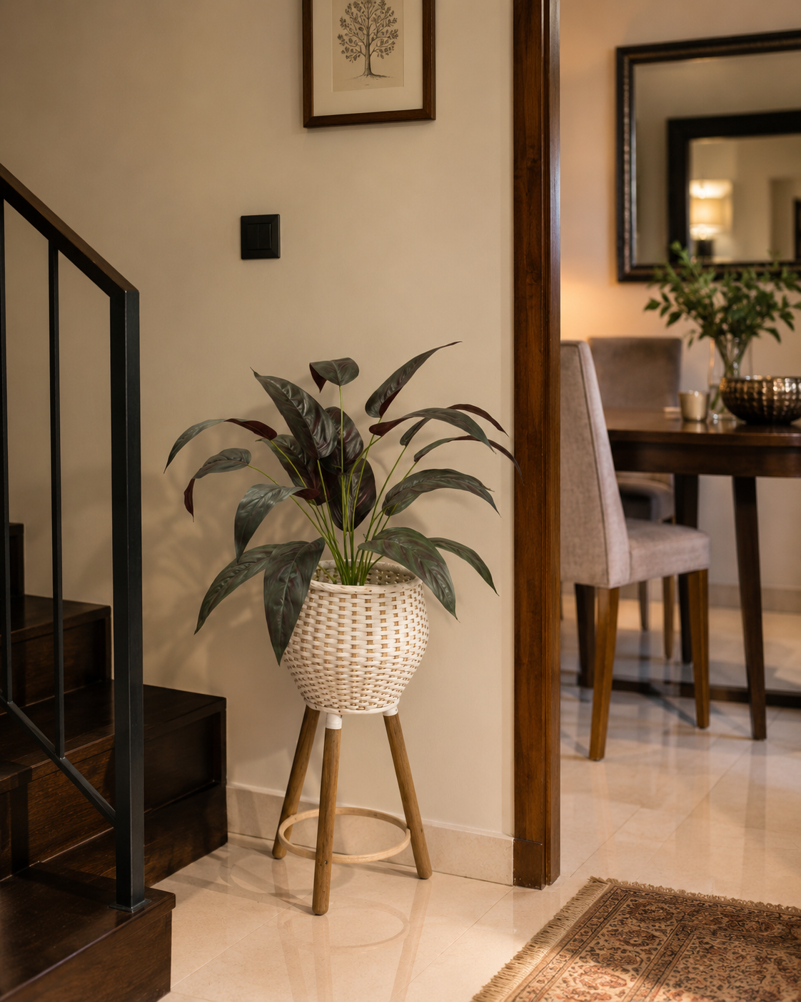 Baby feather plant in woven white pot on light wood tripod stand, leafy fronds