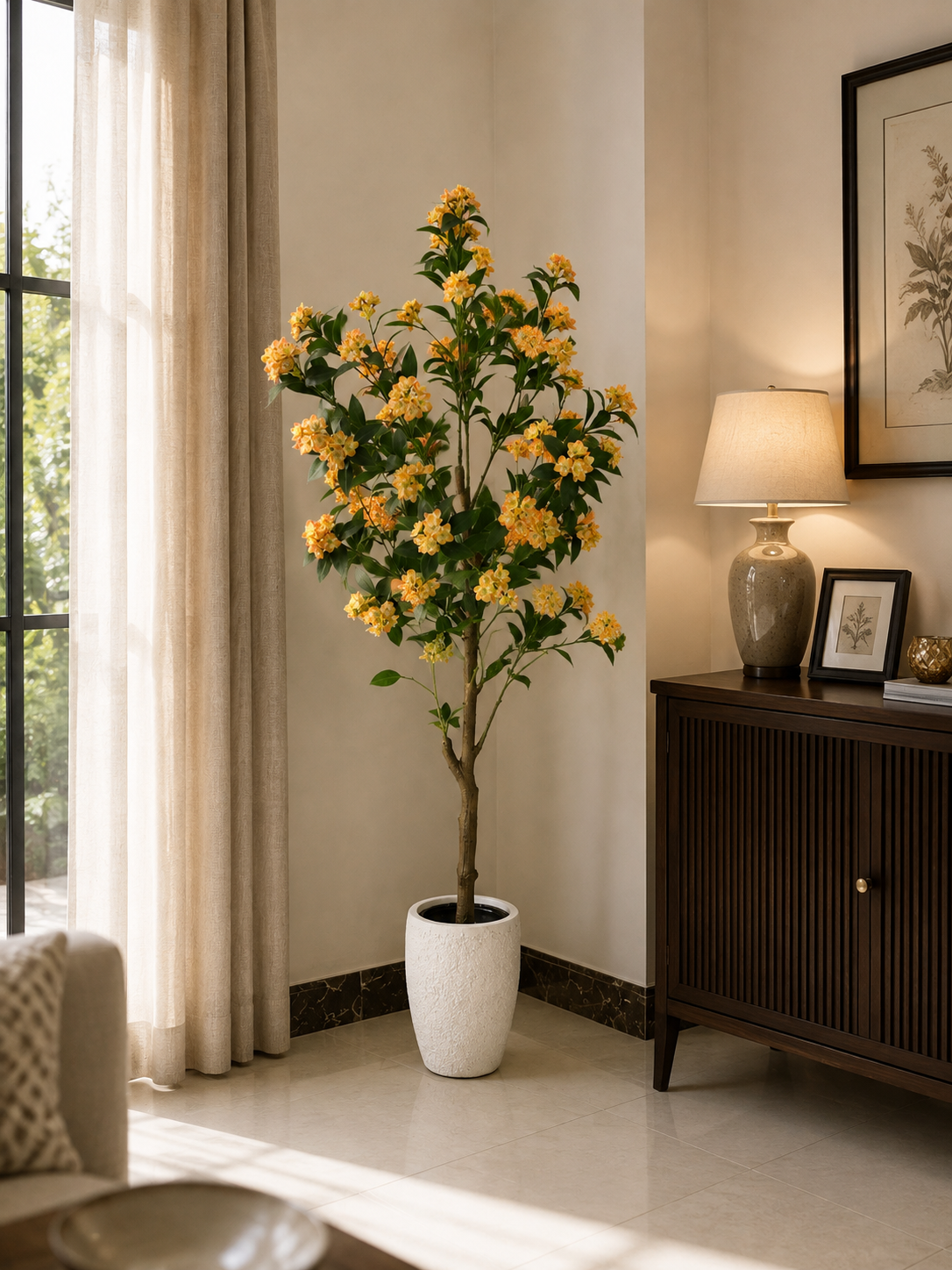Tall artificial yellow blossom tree with green leaves in a white textured pot