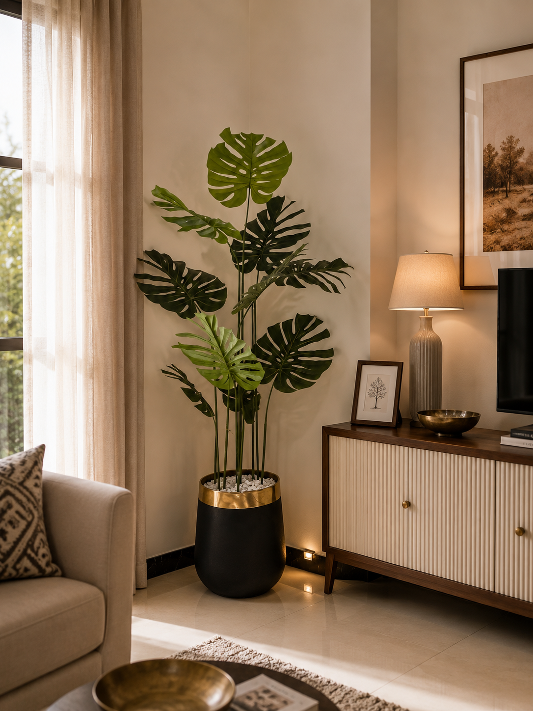 Tall monstera plant in black pot with gold base, indoors beside sofa