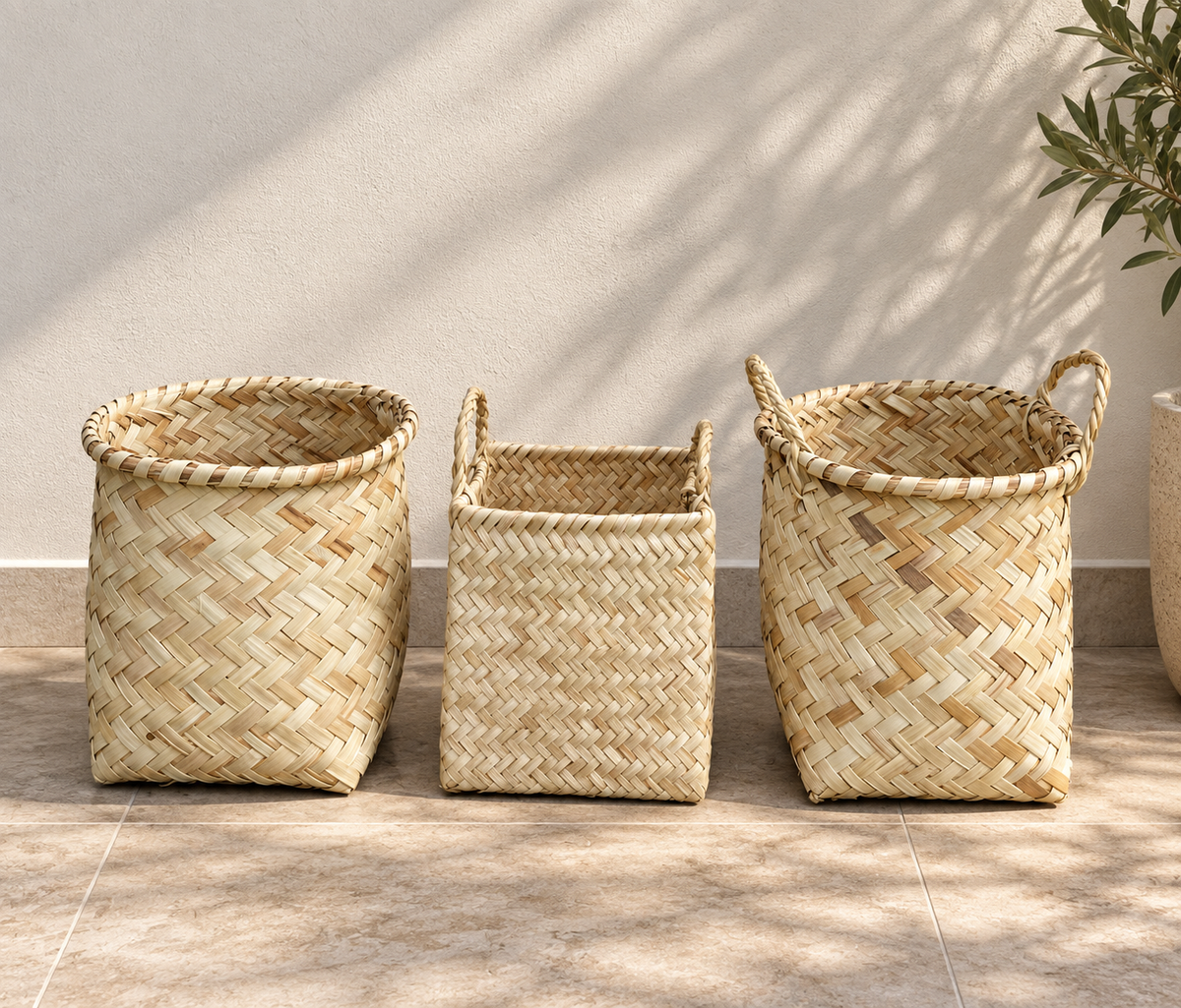 Cane baskets set: square cane basket and two round woven baskets with loop handles