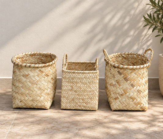 Cane baskets set: square cane basket and two round woven baskets with loop handles