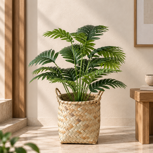Potted baby Areeca palm plant in woven basket