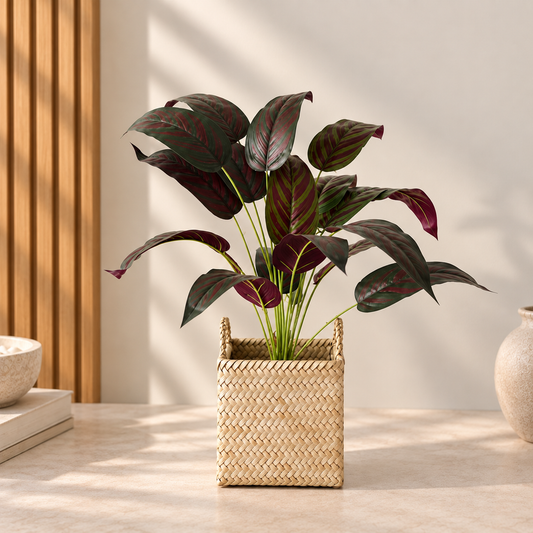 Baby feather plant in woven basket with dark red and green striped leaves