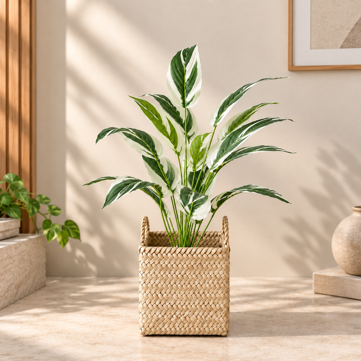 Feather plant with slender green leaves in a woven seagrass-style basket