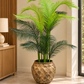 Tall indoor potted palm plant with green fronds in textured golden pot