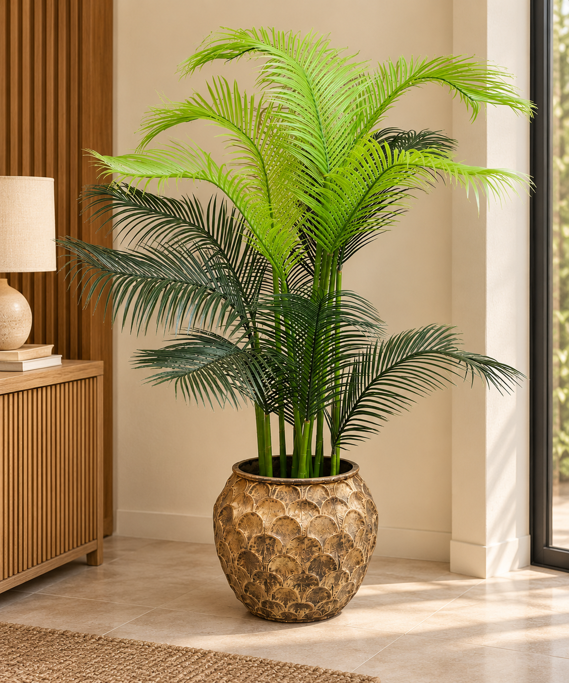 Tall indoor potted palm plant with green fronds in textured golden pot