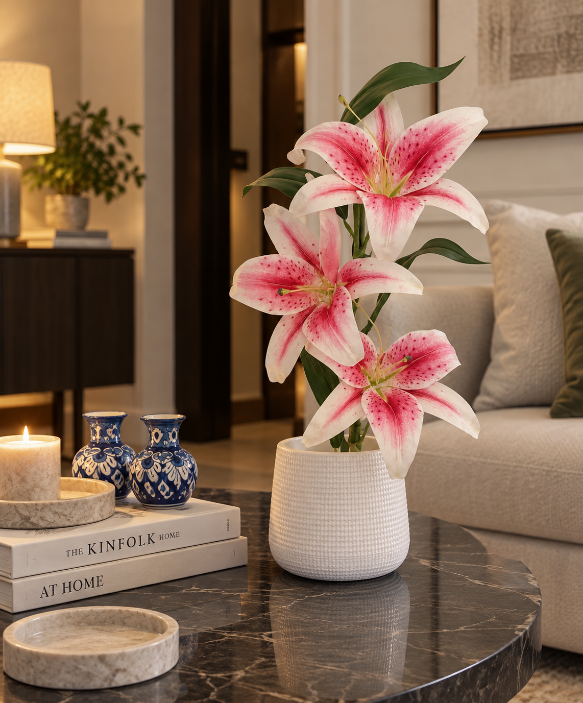 Pink and white lily bouquet in light textured ceramic vase