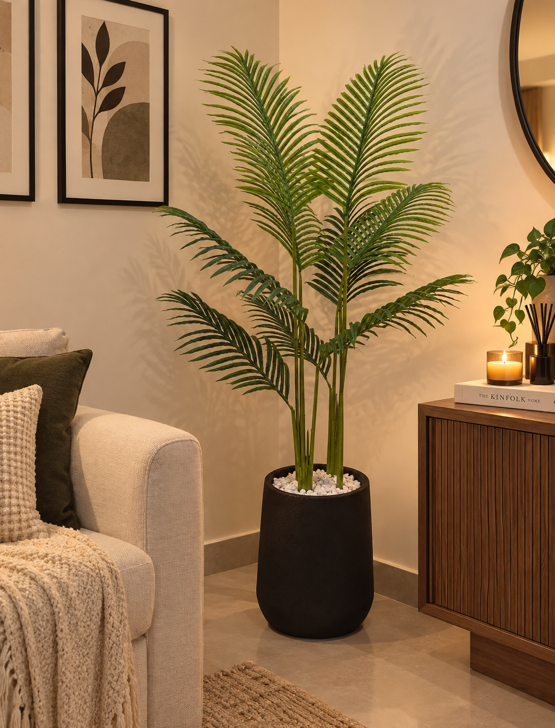 Tall areca palm in a matte black pot with feathery green fronds