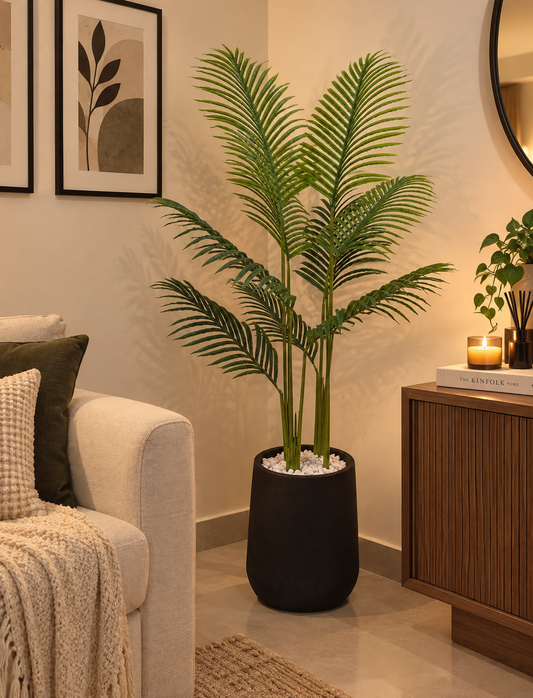 Tall areca palm in a matte black pot with feathery green fronds