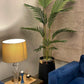 Tall areca palm plant with green fronds in a black pot